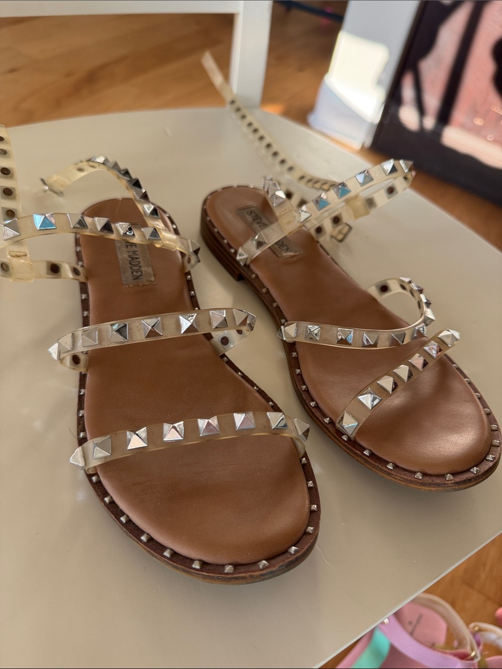 Steve Madden Brown Leather Sandals with Clear Studded Straps